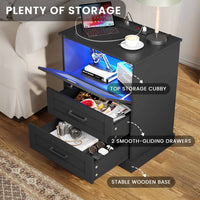 Sikaic Nightstands LED Nightstand with Charging Station 2 Drawers and Open Cubby Black