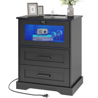 Sikaic Nightstands LED Nightstand with Charging Station 2 Drawers and Open Cubby Black
