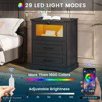 Sikaic Nightstands LED Nightstand with Charging Station 2 Drawers and Open Cubby Black