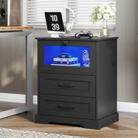 Sikaic Nightstands LED Nightstand with Charging Station 2 Drawers and Open Cubby Black