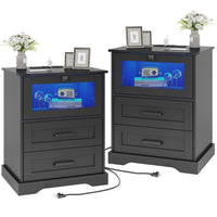 Sikaic Nightstands LED Nightstand with Charging Station 2 Drawers and Open Cubby Black
