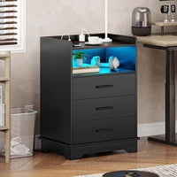 Sikaic Nightstands LED Nightstand with Charging Station 3 Drawers and Open Storage Black