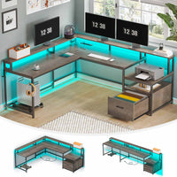 Sikaic Gaming Desk 66 Inches L Shaped Corner Two Person Gaming Desk with File Drawer Power Outlet Led Lights Monitor Shelf