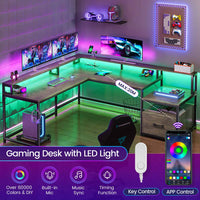 Sikaic Gaming Desk 66 Inches L Shaped Corner Two Person Gaming Desk with File Drawer Power Outlet Led Lights Monitor Shelf