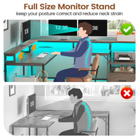Sikaic Gaming Desk 66 Inches L Shaped Corner Two Person Gaming Desk with File Drawer Power Outlet Led Lights Monitor Shelf