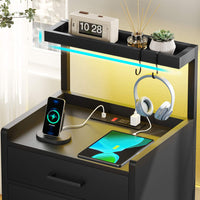 Sikaic Nightstands LED Nightstand with Charging Station Drawers Storage Shelves Black