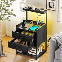 Sikaic Nightstands LED Nightstand with Charging Station Drawers Storage Shelves Black