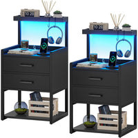 Sikaic Nightstands LED Nightstand with Charging Station Drawers Storage Shelves Black