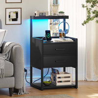 Sikaic Nightstands LED Nightstand with Charging Station Drawers Storage Shelves Black