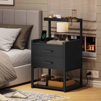 Sikaic Nightstands LED Nightstand with Charging Station Drawers Storage Shelves Black