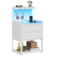 Sikaic Nightstands LED Nightstand with Charging Station Drawers Storage Shelves White