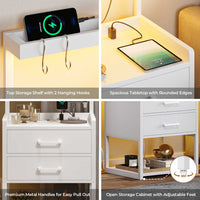 Sikaic Nightstands LED Nightstand with Charging Station Drawers Storage Shelves White