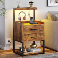 Sikaic Nightstands LED Nightstand with Charging Station Drawers Storage Shelves Brown