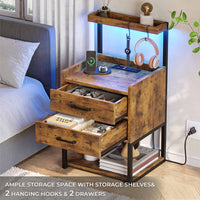 Sikaic Nightstands LED Nightstand with Charging Station Drawers Storage Shelves Brown