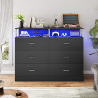 Sikaic Dresser 6 Drawers Led Wide Dresser with Column Design & Charging Station Black