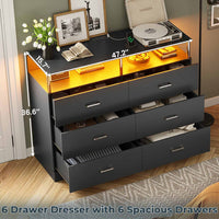 Sikaic Dresser 6 Drawers Led Wide Dresser with Column Design & Charging Station Black
