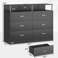 Sikaic Dresser 6 Drawers Led Wide Dresser with Column Design & Charging Station Black