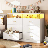 Sikaic Dresser 6 Drawers Led Wide Dresser with Column Design & Charging Station White