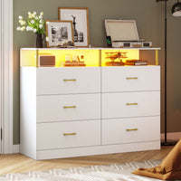 Sikaic Dresser 6 Drawers Led Wide Dresser with Column Design & Charging Station White