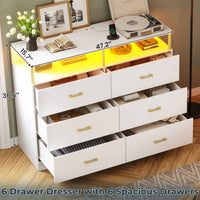 Sikaic Dresser 6 Drawers Led Wide Dresser with Column Design & Charging Station White