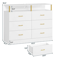 Sikaic Dresser 6 Drawers Led Wide Dresser with Column Design & Charging Station White