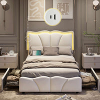 Sikaic Bed Frame Upholstered Platform Led Bed Frame with USB Ports Drawers White