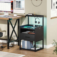 Sikaic Nightstand LED Nightstand with Charging Station & Shelf Black