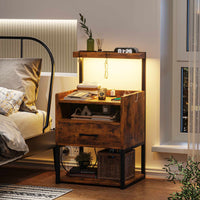 Sikaic Nightstand LED Nightstand with Charging Station & Shelf Brown