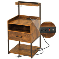 Sikaic Nightstand LED Nightstand with Charging Station & Shelf Brown