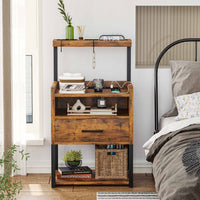 Sikaic Nightstand LED Nightstand with Charging Station & Shelf Brown