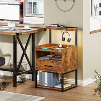 Sikaic Nightstand LED Nightstand with Charging Station & Shelf Brown