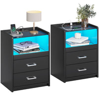 Sikaic Nightstand LED Nightstand with Charging Station Drawers Black