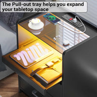 Sikaic Nightstand LED Nightstand with Charging Station Drawers Black