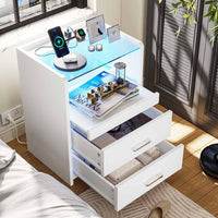 Sikaic Nightstand LED Nightstand with Charging Station Drawers White