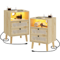 Sikaic Nightstand Rattan LED Nightstand with Charging Station Boho Bedside Table with 2 Drawers Natural