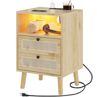 Sikaic Nightstand Rattan LED Nightstand with Charging Station Boho Bedside Table with 2 Drawers Natural