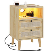 Sikaic Nightstand Rattan LED Nightstand with Charging Station Boho Bedside Table with 2 Drawers Natural