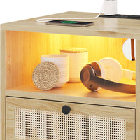 Sikaic Nightstand Rattan LED Nightstand with Charging Station Boho Bedside Table with 2 Drawers Natural