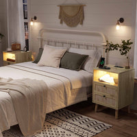 Sikaic Nightstand Rattan LED Nightstand with Charging Station Boho Bedside Table with 2 Drawers Natural