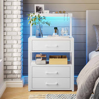 Sikaic Nightstand LED Nightstand with Charging Station 3 Drawers White