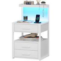Sikaic Nightstand LED Nightstand with Charging Station 3 Drawers White