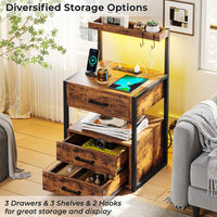 Sikaic Nightstand LED Nightstand with Charging Station 3 Drawers Brown