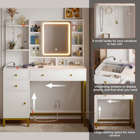 Sikaic Makeup Vanity LED Makeup Vanity Desk with Mirror Charging Station Hidden and Open Storage Shelves White