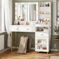 Sikaic Makeup Vanity LED Makeup Vanity with Mirror Charging Station Open Storage Shelves 3-Compartment Organizer White