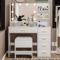 Sikaic Makeup Vanity LED Makeup Vanity Set with Mirror Cushioned Stool Charging Station Open Storage Shelves White