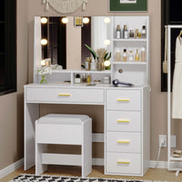 Sikaic Makeup Vanity LED Makeup Vanity Set with Mirror Cushioned Stool Charging Station Open Storage Shelves White