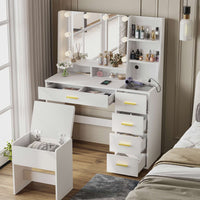 Sikaic Makeup Vanity LED Makeup Vanity Set with Mirror Cushioned Stool Charging Station Open Storage Shelves White