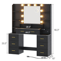 Sikaic Makeup Vanity Glass Top Makeup Vanity with Lights Power Strip & 10x Magnifying Mirror And Compartment Storage Drawers & Shelves Black