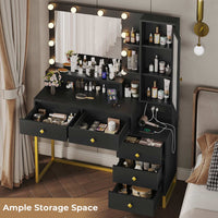 Sikaic Makeup Vanity Large Makeup Vanity with Nightstand Mirror and Lights & Charging Station 5 Drawers and Storage Shelves Black&Gold