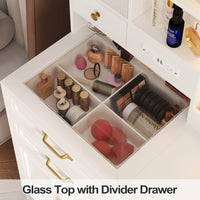 Sikaic Makeup Vanity Sikaic Glass Top Makeup Vanity Desk with Lighted Mirror & Bench Charging Station Double Door Cabinet White & Gold